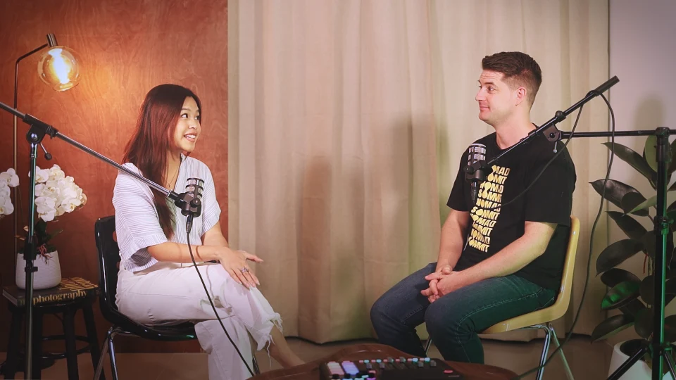 Multi camera setup in podcast studio for rent in Chiang Mai showing professional talking heads recording